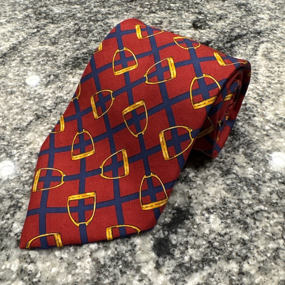 Vtg Brooks Brothers Makers Silk Tie Red Navy Blue French Horns Handmade In USA